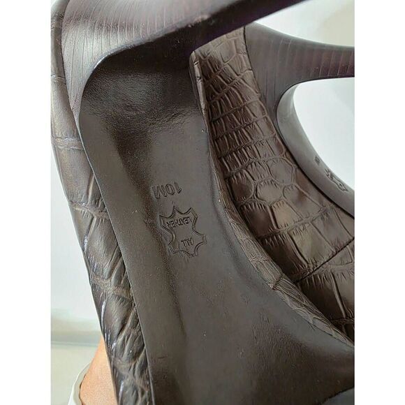 $278 Tory Burch US 10M Brown Croc Embossed Leather Pumps Wood Platform Heel
